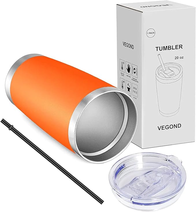 VEGOND 20oz Tumbler with Lid and Straw Stainless Steel Tumbler Cup Vacuum Insulated Double Wall Travel Coffee Mug Powder Coated Coffee Cup(Orange 1 Pack)