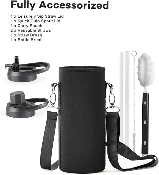 40 oz Insulated Water Bottle with Straw and Lid, Food-grade Double Wall Vacuum Stainless Steel Flask with Handle,Leakproof Metal Travel Jug With Pouch and Brush,Keep Cold & Hot,Indigo Black