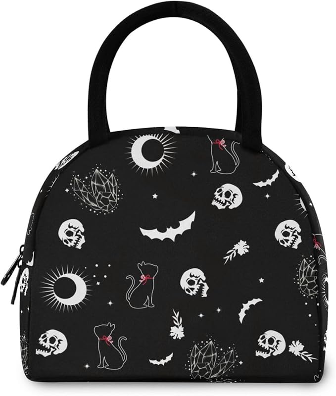 Skull Cat Moon Gothic insulated Lunch Bag Travel Picnic Durable Bags Shopping Box for Women Office Work School Picnic Hiking