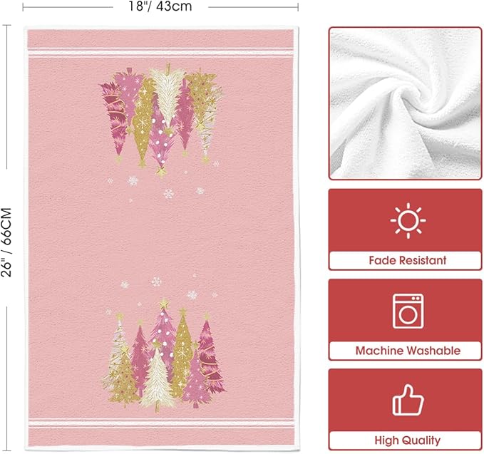 Artoid Mode Pink Xmas Tree Merry Christmas Kitchen Towels Dish Towels, 18x26 Inch Farmhouse Star Holiday Winter Decoration Hand Towels Set of 2
