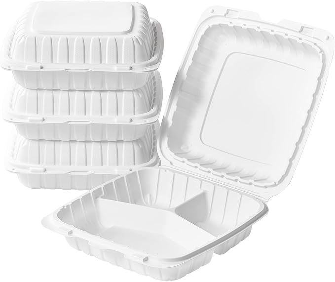 CIAO! 9"x9"x3" MFPP White Hinged Container With Lid 3 Compartment (Case of 150)