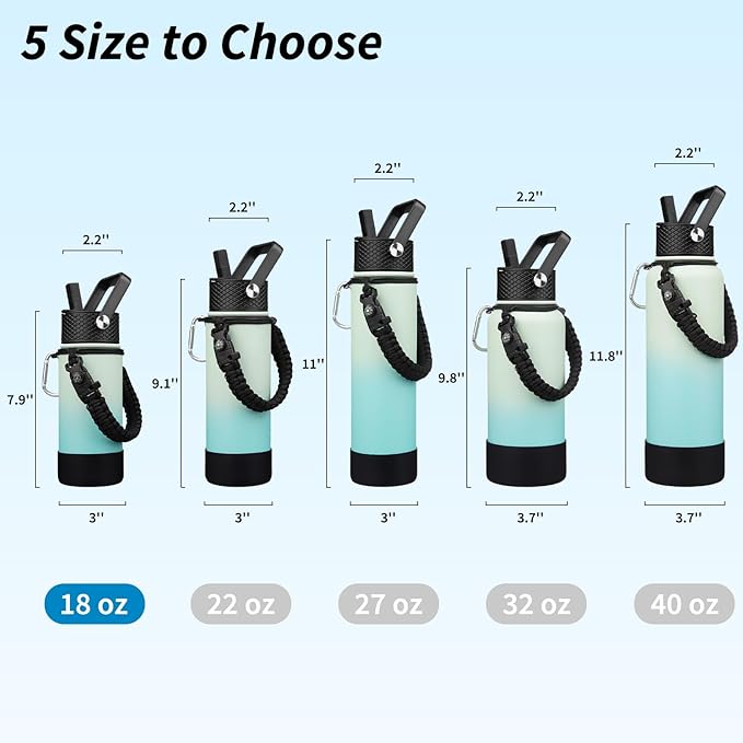 BJPKPK Water Bottle with Straw Lid, 18oz Insulated Water Bottles with 3 Lids, Paracord Handle & Non-slip Boot, Metal Stainless Steel Thermo, BPA Free Leak Proof Cups, Tumblers,Mint
