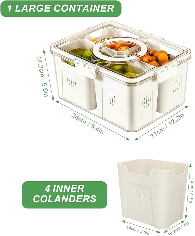 shopwithgreen Fruit Storage Containers for Fridge with Lid and Handle, Portable Fresh Produce Saver, Food Box Container with 4 Removable Colanders for Berry, Vegetable, Refrigerator Organizer Bins