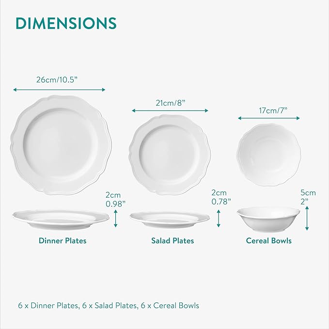 Navaris Scandi Style Porcelain Dinnerware Set - Ceramic Crockery Sets for 6 - Stackable Dishes with Dinner and Salad Plates Cereal Bowls - Dishwasher & Microwave Safe - 18pcs White