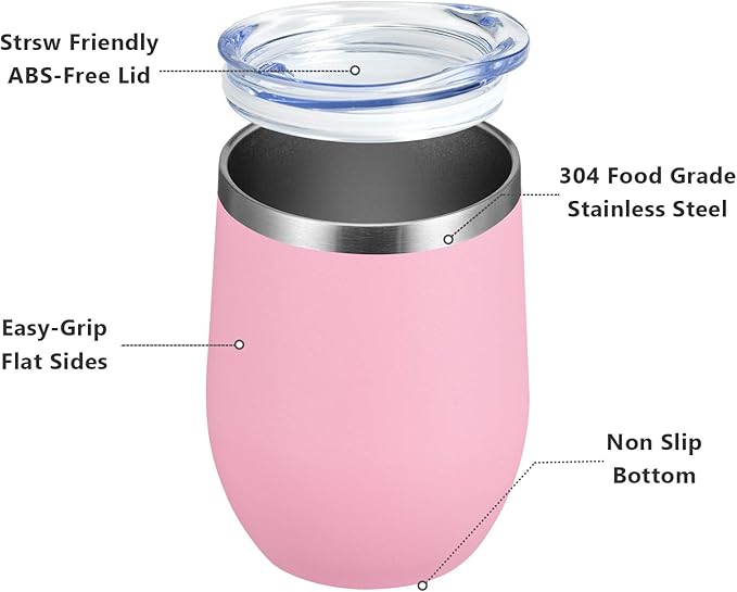 MEWAY Stemless 12oz Wine Tumbler Glasses with Lid -Insulated Double Wall Vacuum Stainless Steel Travel Tumbler with Straw,for Woman Under 10 dollars (Pink,1)