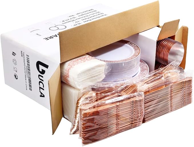 bUCLA 350PCS Rose Gold Plastic Plates With Disposable Silverware & Napkins - Rose Gold Rim Plastic Dinnerware Set Lace Design for Wedding, Party & Mother’s Day