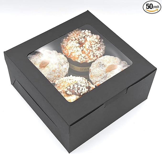 50-Set Cupcake Boxes Bulk with Clear Display Window Hold 4 Standard Cupcakes, Disposable Food Grade Black Cupcake Carrier Cupcake Container, Perfect for Cupcakes Muffins Cookies Pastries