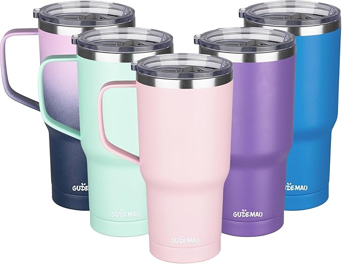 20 oz Insulated Coffee Mug with Ceramic Coating, Stainless Steel Travel Mug Tumbler with Handle Lid and Straw, Double Wall Leak-Proof Coffee Travel Mug Keeps Drink Hot and Cold (Pink)