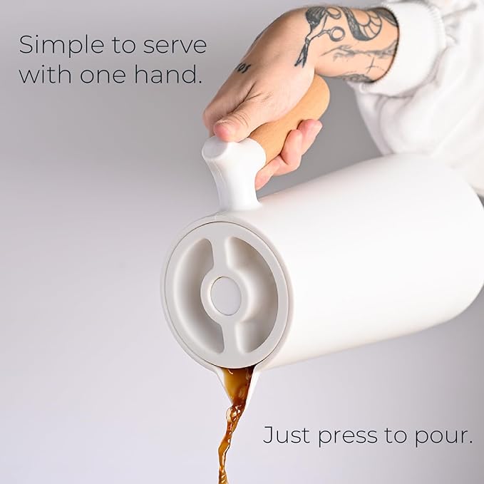 WOLFF - Thermal Coffee Carafe - 34oz / 1L Insulated Plastic Exterior Carafe for Hot or Cold Drinks - Leakproof Coffee and Tea Dispenser with Wood-like Handle and Glass Liner - Black, 34floz/1L