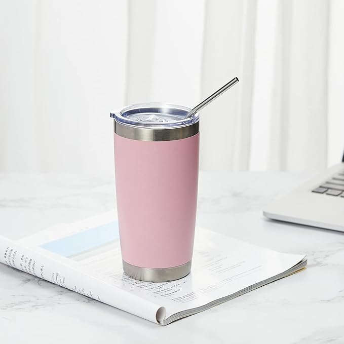 COMOOO 20oz Tumbler Bulk Double Wall Vacuum Insulated Travel Mug, Stainless Steel Tumbler with Lid and Straw Durable Powder Coated Insulated Coffee Cup for Cold & Hot Drinks (pink, 4 pack