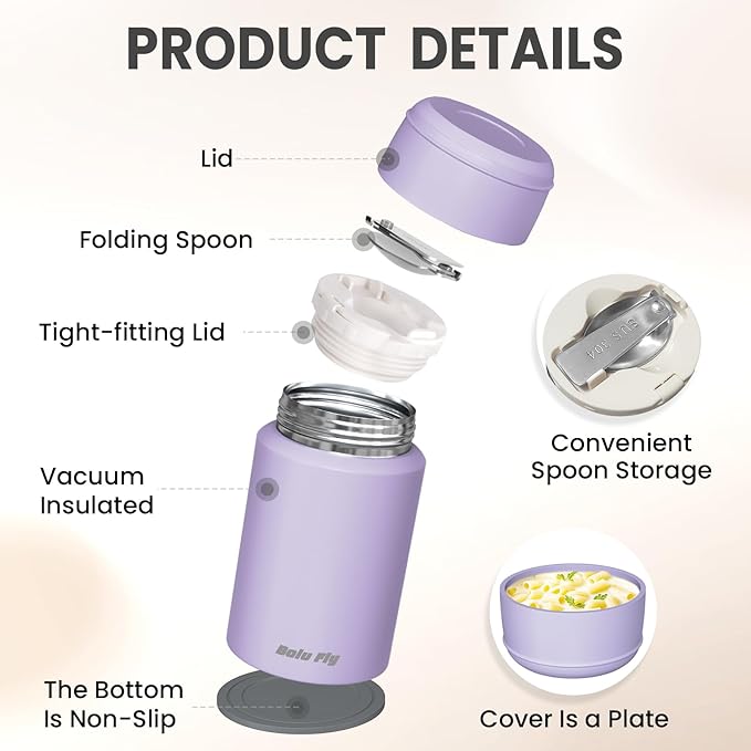 2 Pack Soup Thermo for Hot Food for Adults, Insulated Food Jar, Stainless Steel Vacuum Thermal Lunch Box Containers with Carry Bag and Spoon (18.5oz, 27oz) (Purple)