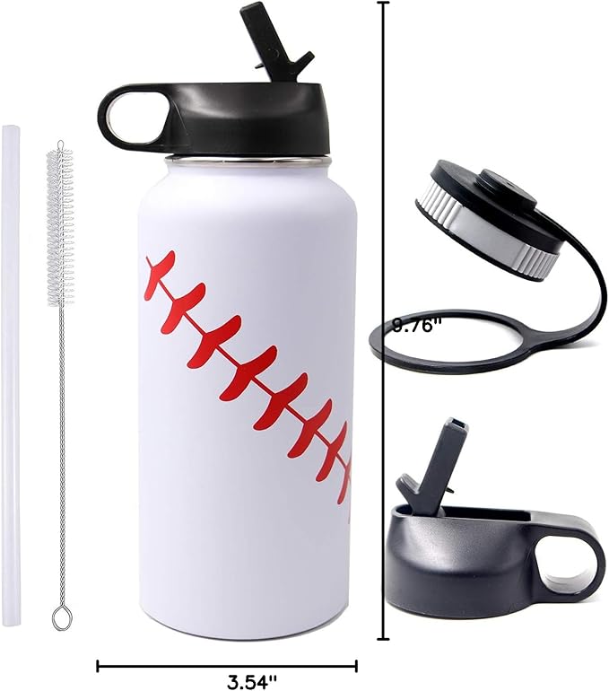32 oz Baseball Water Bottle, Wide Mouth Sports Flask Metal Thermo Travel Mug with 2 Lids, Stainless Steel Double Wall Vacuum Insulated Water Bottles, Baseball Accessories Gifts for Mom Men Boys Girls