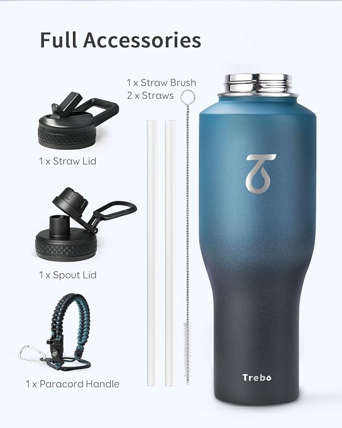 Trebo 40 oz Water Bottle Insulated Fit in Any Car Cup Holder,Triple Wall Vacuum Insulated Water Bottle (Cold for 48 Hrs, Hot for 24 Hrs),Leakproof Stainless Steel Tumbler Flask with Paracord Handle