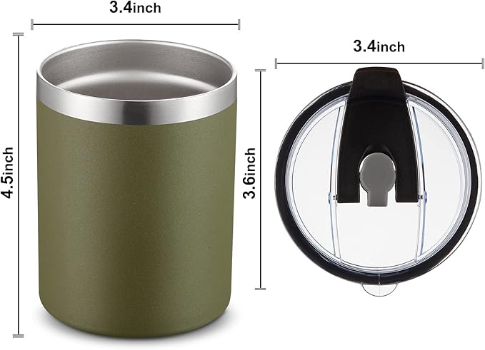 MEWAY 12 oz Lowball, Tumbler Stainless Steel Double Wall Vacuum Insulated Mug with Straw and Lid, Cleaning Brush ,Durable Powder Coated Insulated Coffee Cup for Cold & Hot Drinks (Army Green,12)
