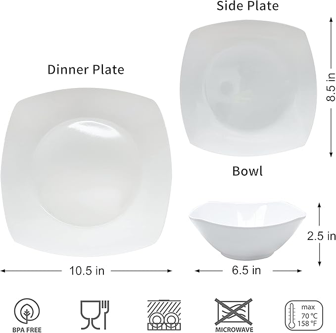 Melamine Dinnerware Sets, Square Dinnerware Sets, White Color Plates and Bowls Sets for 4, Unbreakable Dishwasher Safe BPA Free