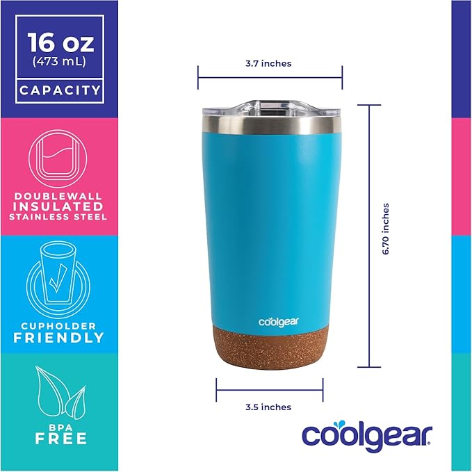 COOL GEAR Cork Bottom Coffee Mug Tumbler - American Designed - Stainless Steel - Dishwasher Safe - Copper Lined - BPA-Free Lid - 2 Pack - 16oz - Ebony