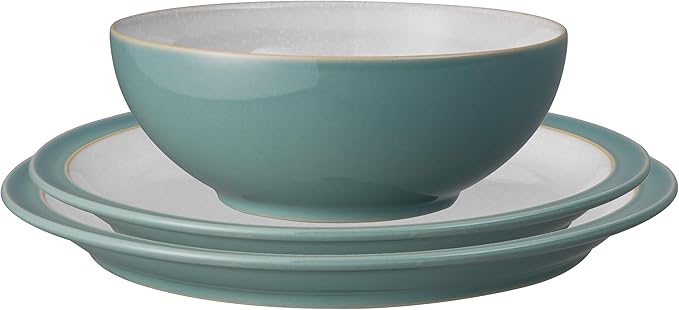 Denby - Elements Fern Green 3 Piece Set For 1 - One Person Ceramic Tableware - Dishwasher & Microwave Safe, Scratch Resistant Stoneware - Includes 1 x Large Plate, Side Plate & Cereal Bowl