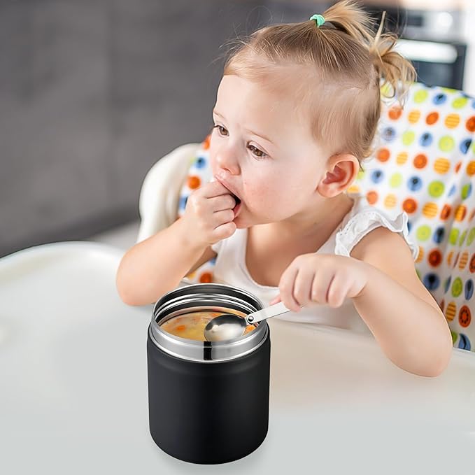 17oz Soup Thermo for Hot Food Kids Insulated Vacuum Food Jar with Stainless Steel Spoon Wide Mouth Thermo Leakproof Lunch Food Container Kids Hot Lunch Box (Black)