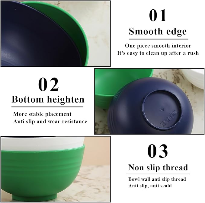Berglander Plastic Bowls Set of 12 Pieces 25oz, Mutil Color Reusable and Sturdy Ramen Bowl, Soup Bowls, Cereal Bowl for Adult, Kids, Home, Restaurant, Garden, Picnic, Camping, Poolside, Outdoor