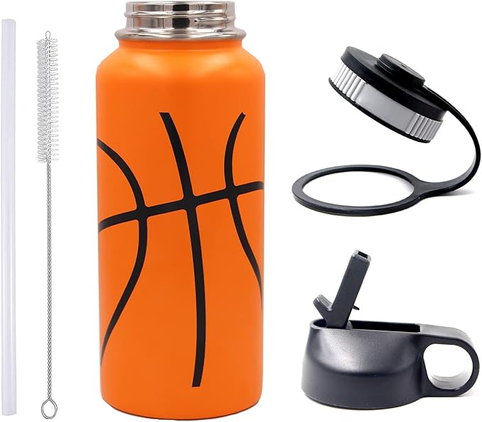 32 oz Basketball Water Bottle, Metal Thermo Travel Tumbler Sports Flask with 2 Lids, Stainless Steel Double Wall Vacuum Insulated Leak Proof Water Bottles, Basketball Accessories Gifts for Boys Girls