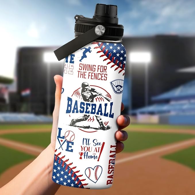 Baseball Water Bottle - 32oz Stainless Steel Insulated Sport Bottles with Lid - Gift for Men Baseball Lover Player Fan Coach