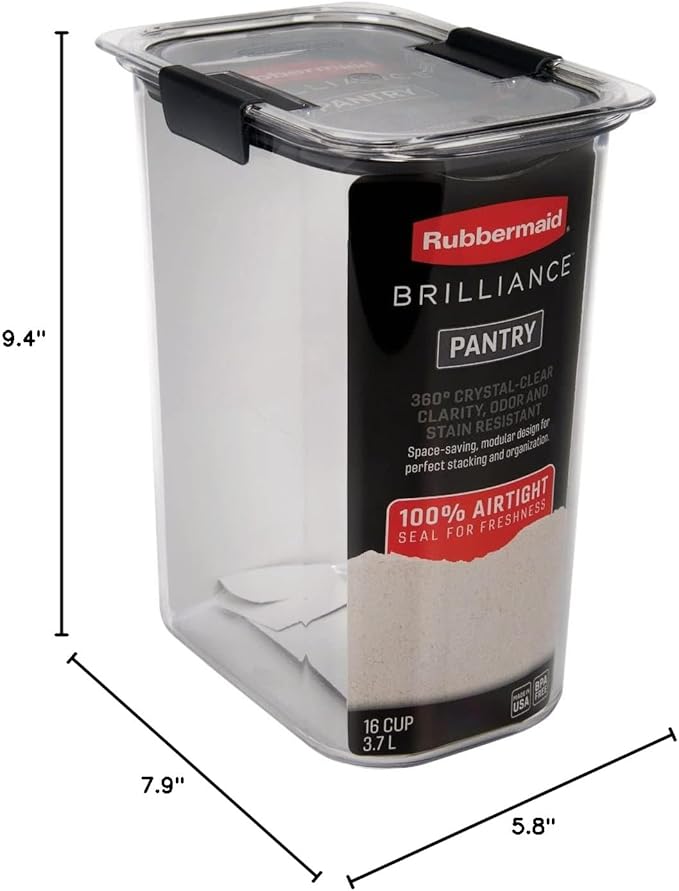 Rubbermaid Brilliance Food Storage Container, 16-Cup, Airtight | Clear/Grey | For Pantry Organization | Pack of 2