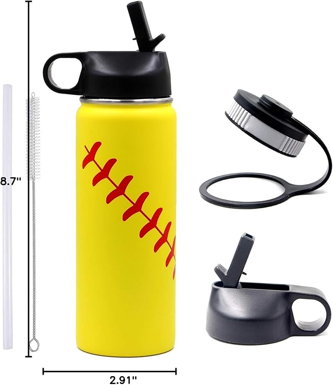 18 oz Softball Water Bottle, Metal Thermo Travel Tumbler Sports Flask with 2 Lids, Stainless Steel Double Wall Vacuum Insulated Leak Proof Water Bottles, Softball Stuff Gifts for Mom Men Boys Girls
