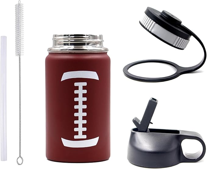 12 oz Football Water Bottle, Metal Sports Flask Thermo Travel Tumbler with 2 Lids, Stainless Steel Double Wall Vacuum Insulated Leak Proof Water Bottles, Football Accessories Gifts for Mom Boys Girls