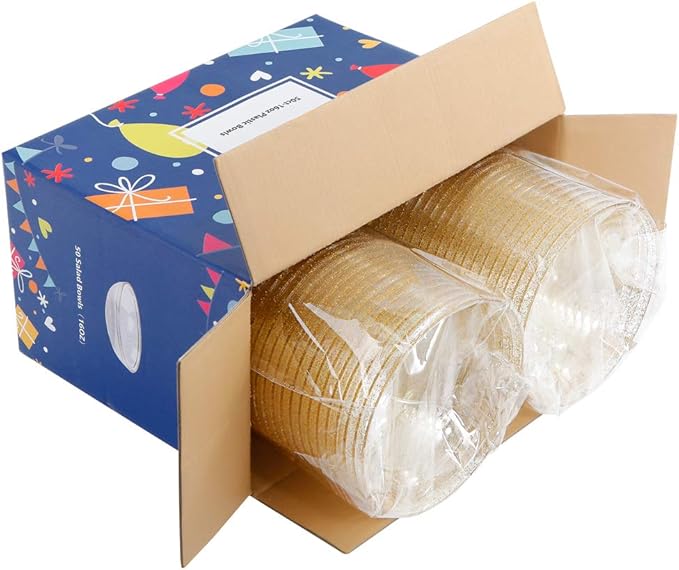 bUCLA 50Pack Gold Glitter Plastic Bowls - 10oz Disposable Crystal Salsa/Dessert Bowls for Wedding & Party