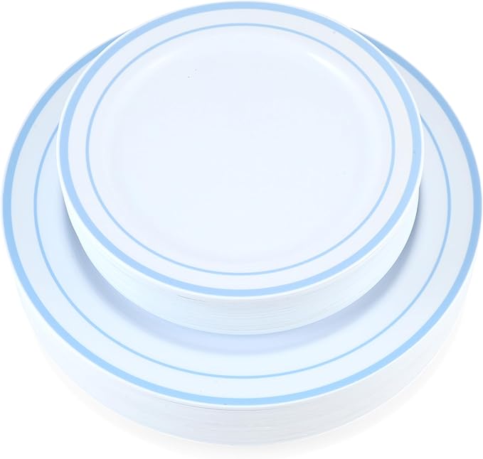 60-Piece Plastic Plates Set Premium 30 Dinner & 30 Salad Plates Pack, Disposable Plates for Party - White Plastic with Baby Blue Rim