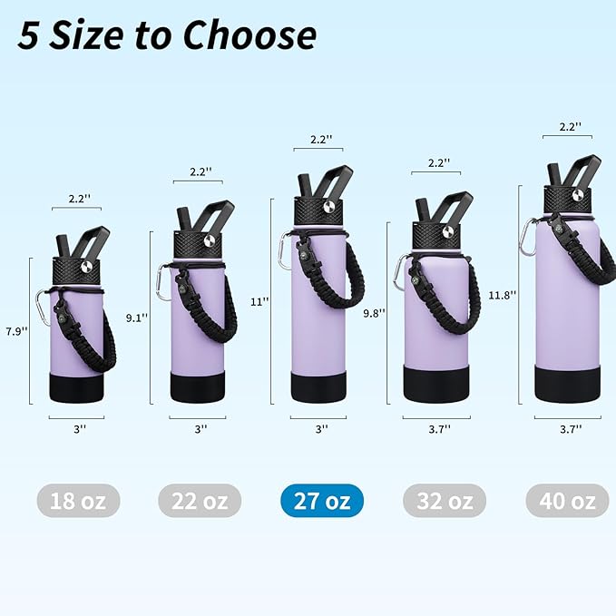 BJPKPK 27oz Insulated Water Bottles with 3 Lids, Paracord Handle & Non-slip Boot, Stainless Steel Metal Water Bottle with Straw, BPA Free Thermo, Tumblers,Lavender
