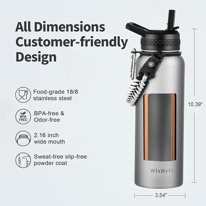 40 oz Insulated Water Bottle with Straw (Cold for 48 Hrs), Stainless Steel Triple Wall Vacuum Sports Water Jug, Leakproof Hydro Cup Flask with Paracord Handle & Straw Spout Lids & DIY Stickers
