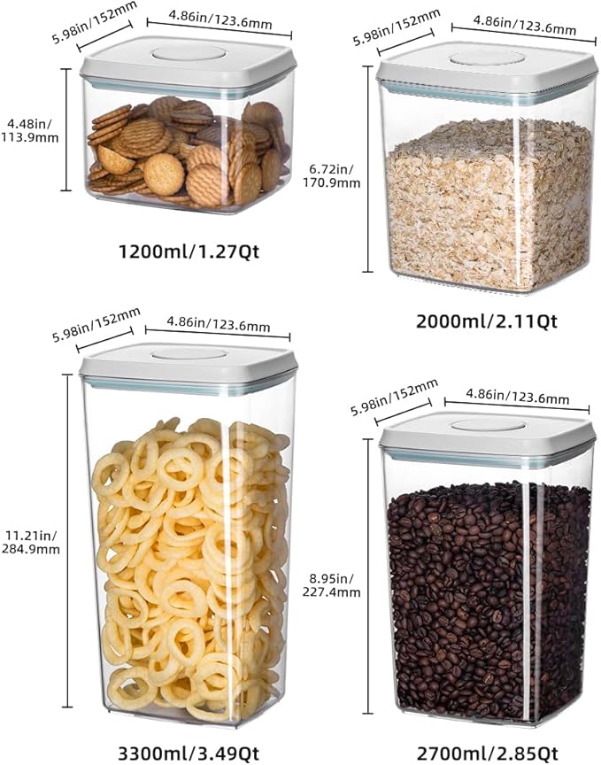 8-Piece Set of Pop Airtight Food Storage Containers with Lids Stackable Containers for Kitchen Pantry Organization Ideal for Cereal Snacks Flour Sugar Coffee and Spaghetti (1.2, 2.0, 2.7, 3.3qt)*2