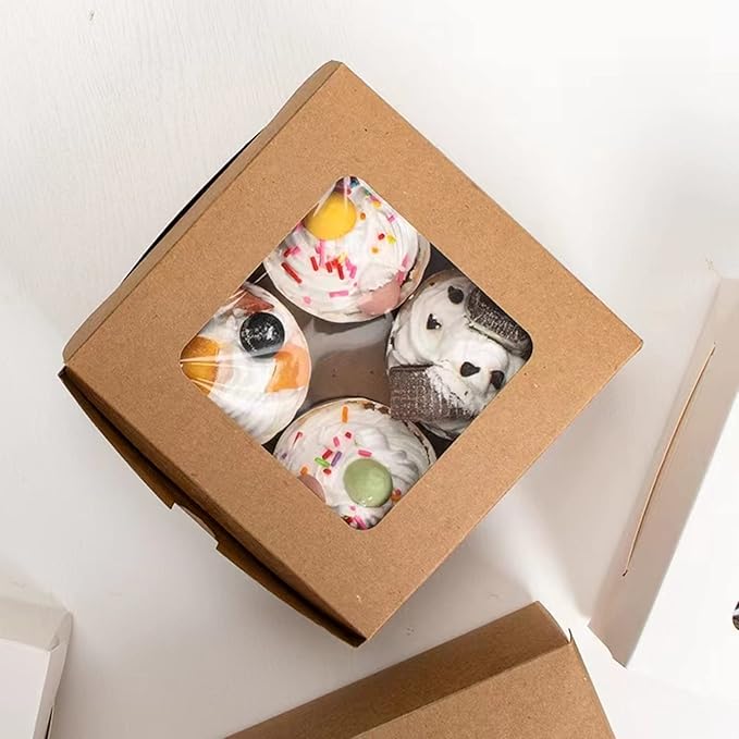 30-Set Cupcake Boxes Bulk with Clear Display Window Hold 4 Standard Cupcakes, Disposable Food Grade Brown Cupcake Carrier Cupcake Container, Perfect for Cupcakes Muffins Cookies Pastries