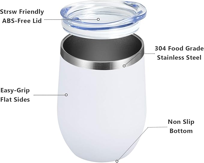 MEWAY Stemless 12 OZ Wine Tumbler Glasses with Lid -Insulated Double Wall Vacuum Stainless Steel Travel Tumbler with Straw,for Woman Under 10 dollars (White,1)