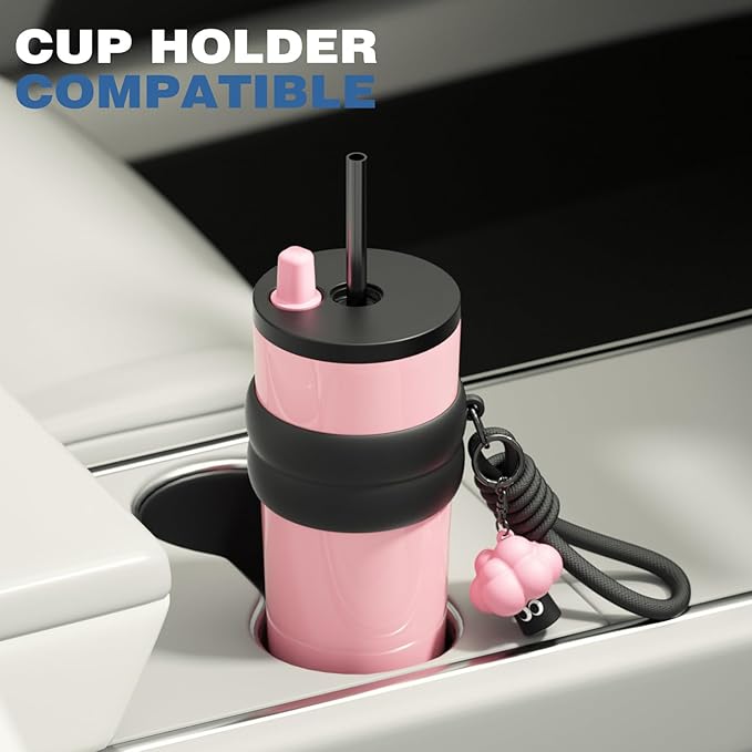 24 oz Stainless Steel Tumbler with Lid and Straw, Insulated Water Bottle Leak Proof for Hot and Cold, Portable Travel Coffee Mug, Reusable Coffee Cup for Women, Pink