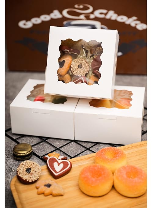 Bakepacker 100pcs White Bakery Boxes with Window 6x6x3 inches Thick & Sturdy Macaroon Pastry & Cookie Boxes