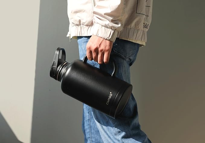 CIVAGO 64 oz Insulated Water Bottle Jug with Straw and Handle, Half Gallon Stainless Steel Water Flask, Large Sports Metal Water Bottle with Straw Lid (3 Lids), Big Thermal Mug Cup, Army Green