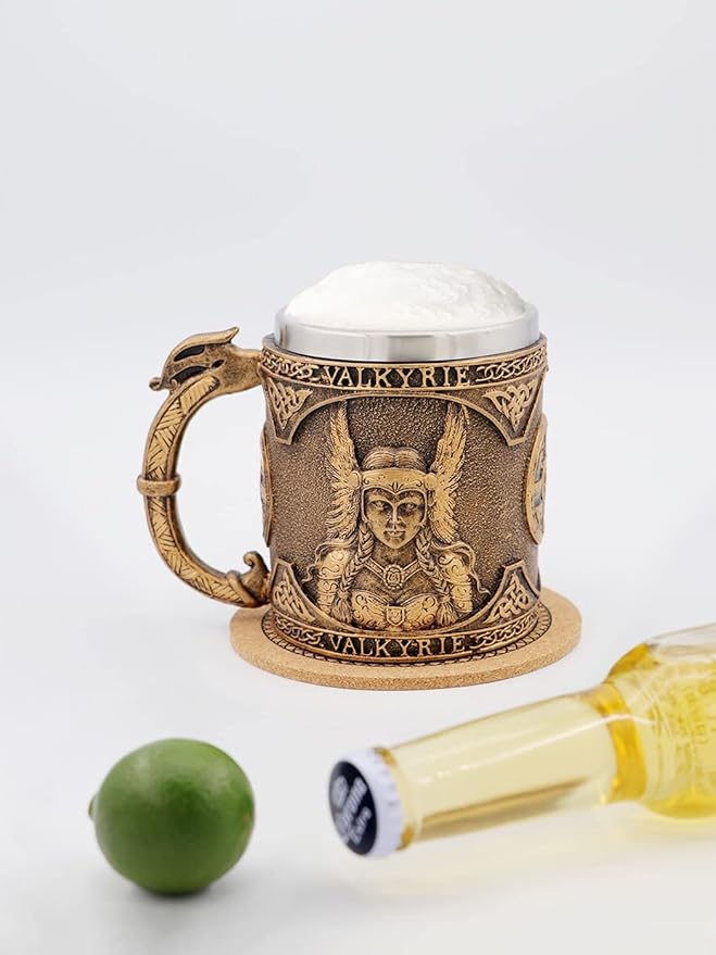 Valkyrie Beer Mug Norse Viking Decor,Stainless Steel Drinking Tankard Coffee Cup Norse Viking Mug Poetic Gothic Party Decoration Drinkware Gift Mugs for Men 18OZ