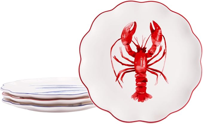 Bico Ocean Wonders Scalloped Salad Plates Set of 4, 8.75 Inch Ceramic Dessert Plates for Salad, Appetizer, Side Dishes, Microwave and Dishwasher Safe, Gift for Housewarming and Christmas