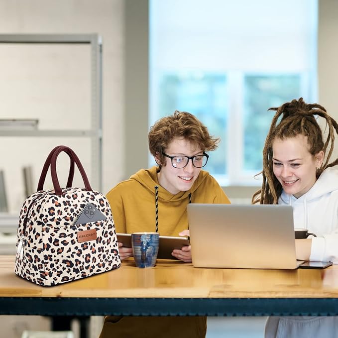 BALORAY Lunch Bag for Women Men Insulated Lunch Box for Adult Reusable Lunch Tote Bag for Work, Picnic or Travel (Beige with leopard)