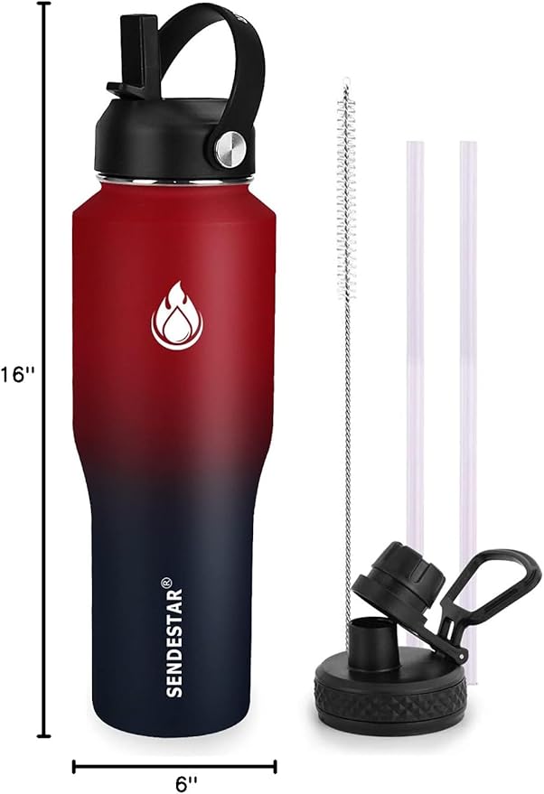 SENDESTAR 32oz Water Bottle Wide Mouth Stainless Steel Vacuum Insulated Double Wall with 2 Straw Lids Fit in Any Car Cup Holder