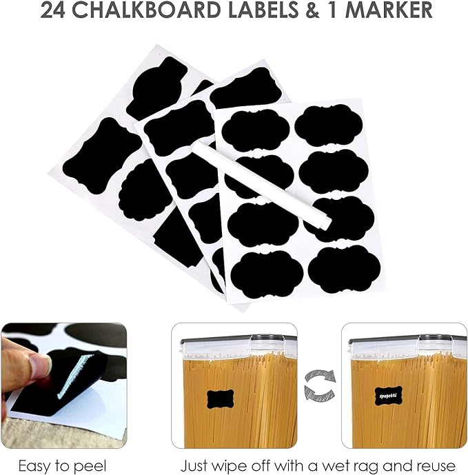 Vtopmart Extra Large Tall Airtight Food Storage Containers, 4 Pieces 5.9qt/6.5L Plastic PBA Free Kitchen Pantry Canister for Spaghetti, Flour and Baking Supplies, with 24 Labels, Black