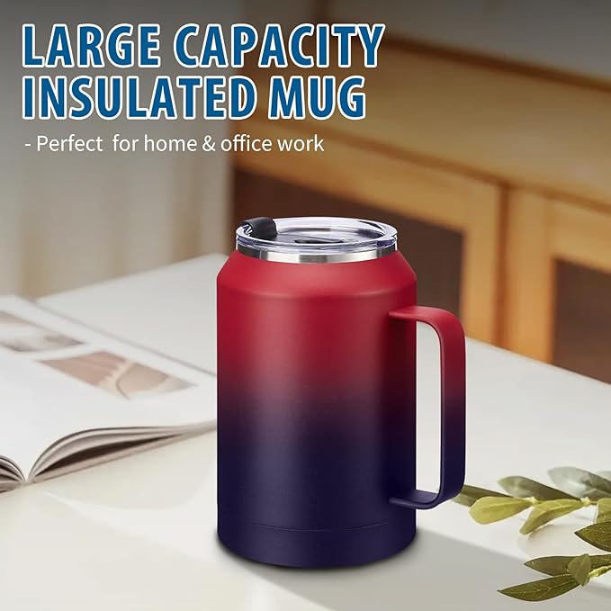 Stainless-Steel Coffee Cup 32 oz Mug Tumbler - with Handle, Straws & Protective Boot, Keep Cold 36hrs & Hot 24hrs, Insulated Tumbler Water Cup, Leak-proof Big Travel Mugs Thermal Flask Water Bottle