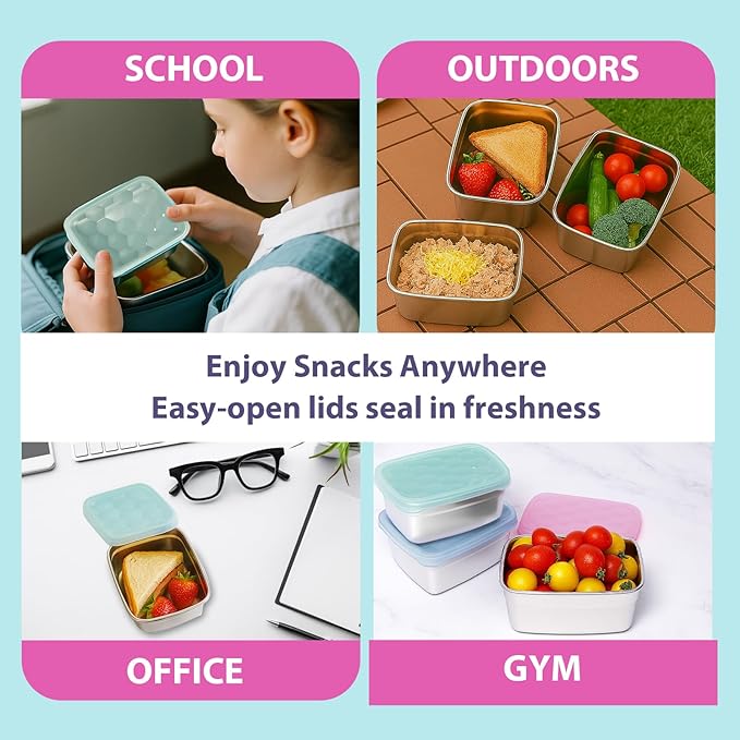 3-Pack Stainless Steel Snack Containers for Kids & Toddlers - 550ml (18oz) Leakproof Reusable Food Containers with LFGB Certified Lids | Stackable Metal Lunch Box for Daycare, School, Travel
