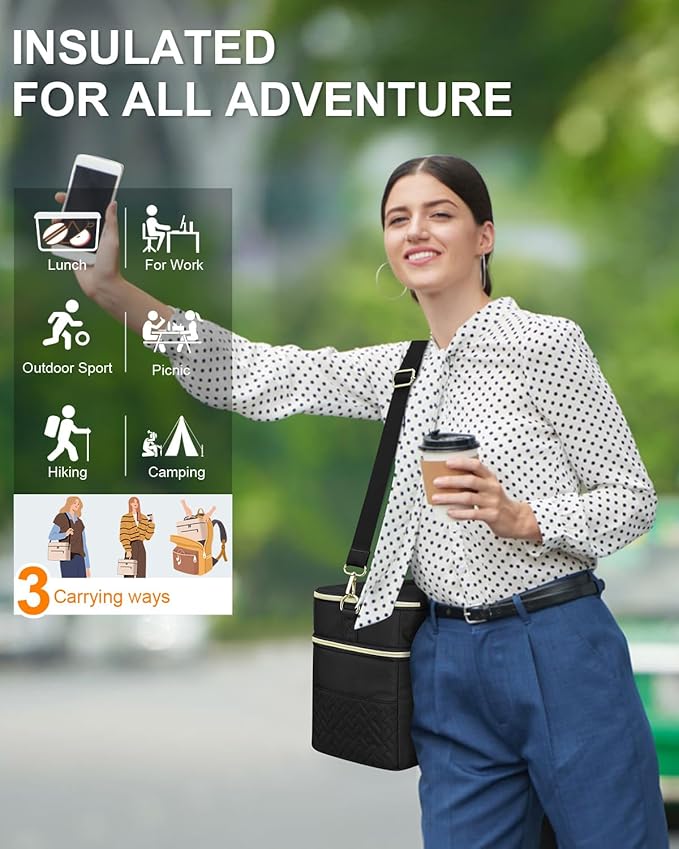 Capolo Lunch Box for Women Men Adults,Double Deck Insulated Lunch Bag Leakproof Lunch Cooler Box with Removable Strap Lunch Tote Bags Reusable Thermal Lunchbox for School Work Picnic(Large,Black)