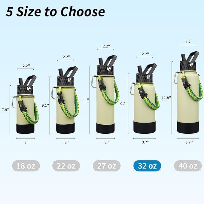 BJPKPK 32oz Insulated Water Bottles with 3 Lids, Paracord Handle & Non-slip Boot, Stainless Steel Metal Water Bottle,Reusable BPA Free Thermo,Macaron Green