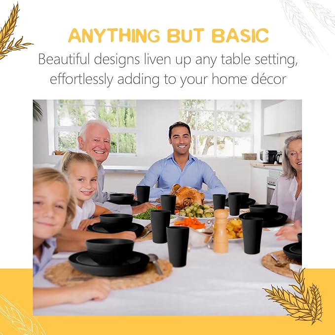 Teivio 32-Piece Kitchen Plastic Wheat Straw Dinnerware Set, Service for 8, Dinner Plates, Dessert Plate, Cereal Bowls, Cups, Unbreakable Colorful Plastic Outdoor Camping Dishes, Deep Black