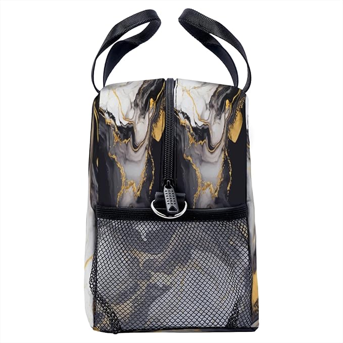 Black Gold White Marble Pattern Lunch Bag for Women Men Cute Large Capacity Thermal Lunch Tote Reusable Washable with Adjustable Shoulder Strap and Dual Large Mesh Side Pockets