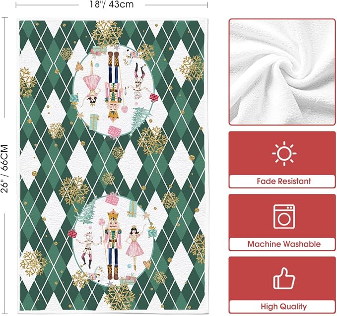 Artoid Mode Green Nutcrackers Tree Christmas Kitchen Towels Dish Towels, 18x26 Inch Gift Box Snowflake Winter Decoration Hand Towels Set of 2